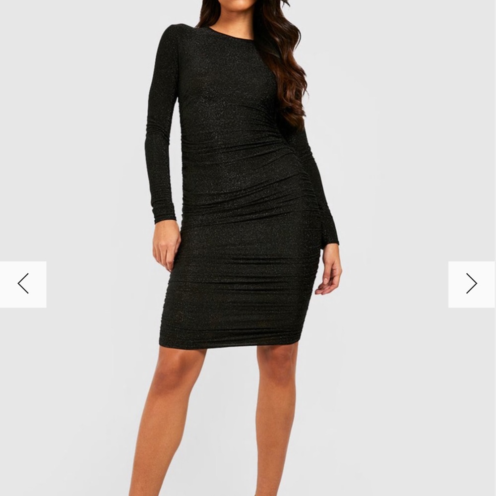 Boohoo Glitter Ruched Long Sleeve Dress in Black Like New